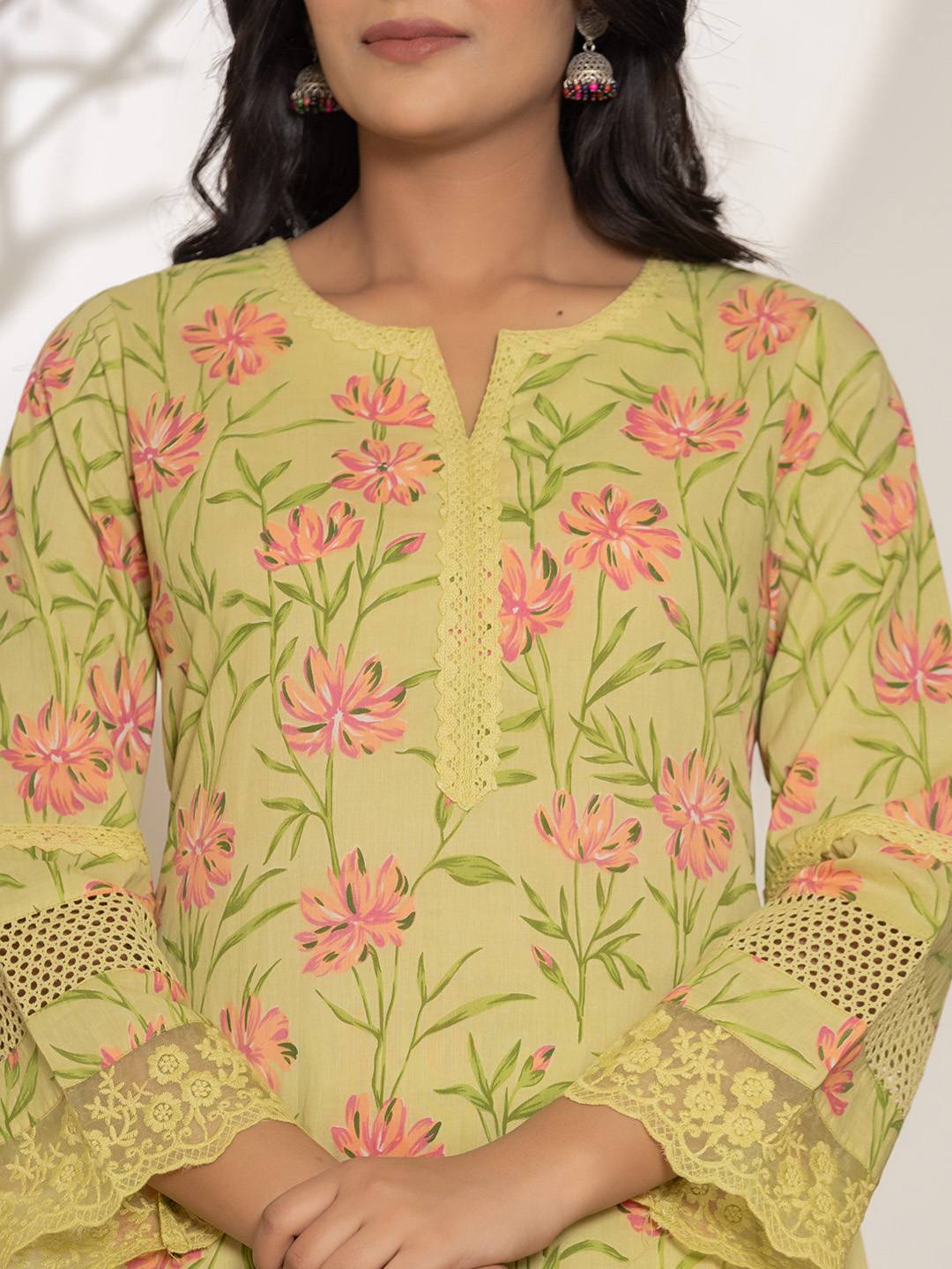 Yufta Green Cotton A-Line Kurta Set | Grocsy