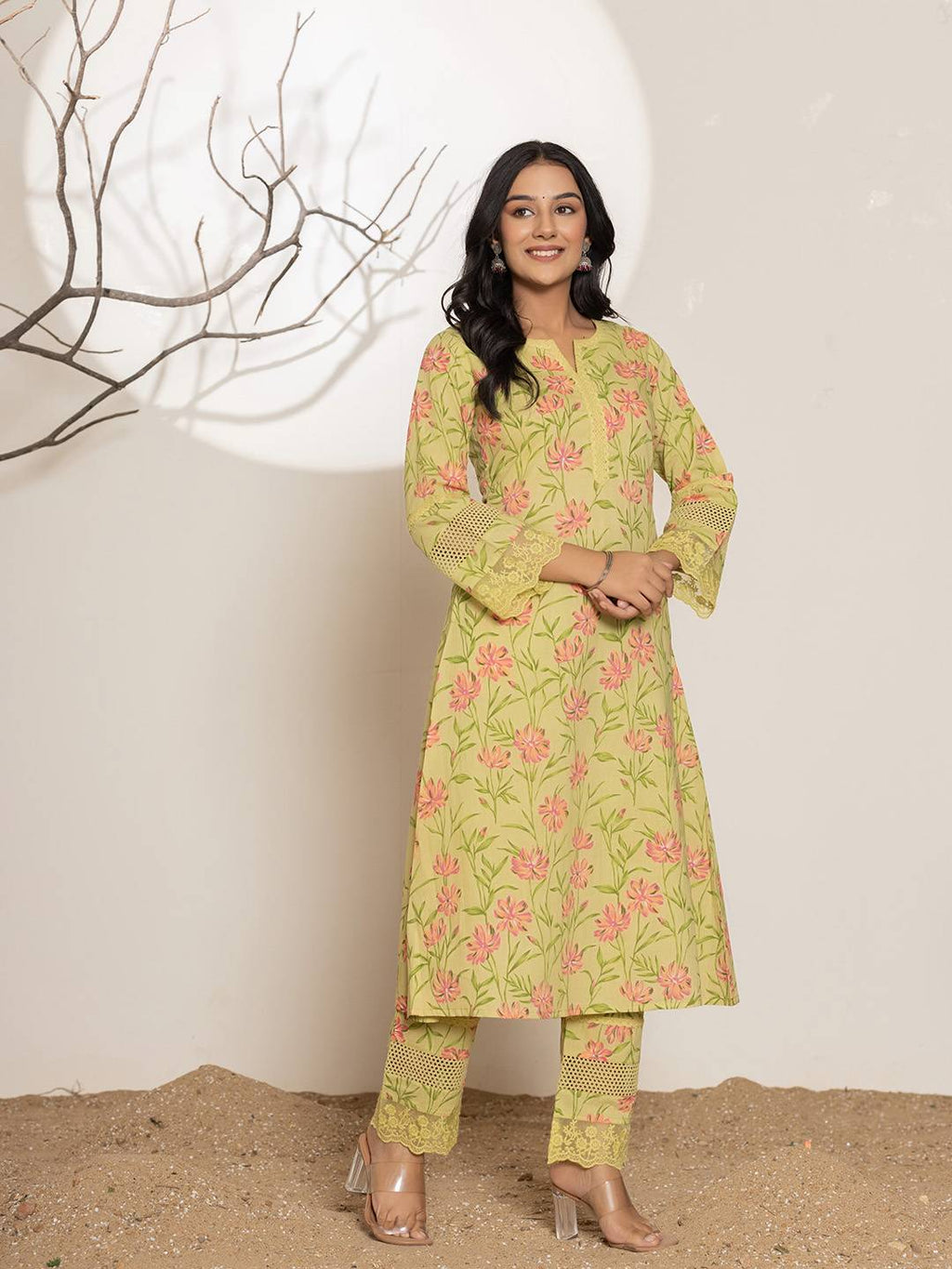 Yufta Green Cotton A-Line Kurta Set | Grocsy