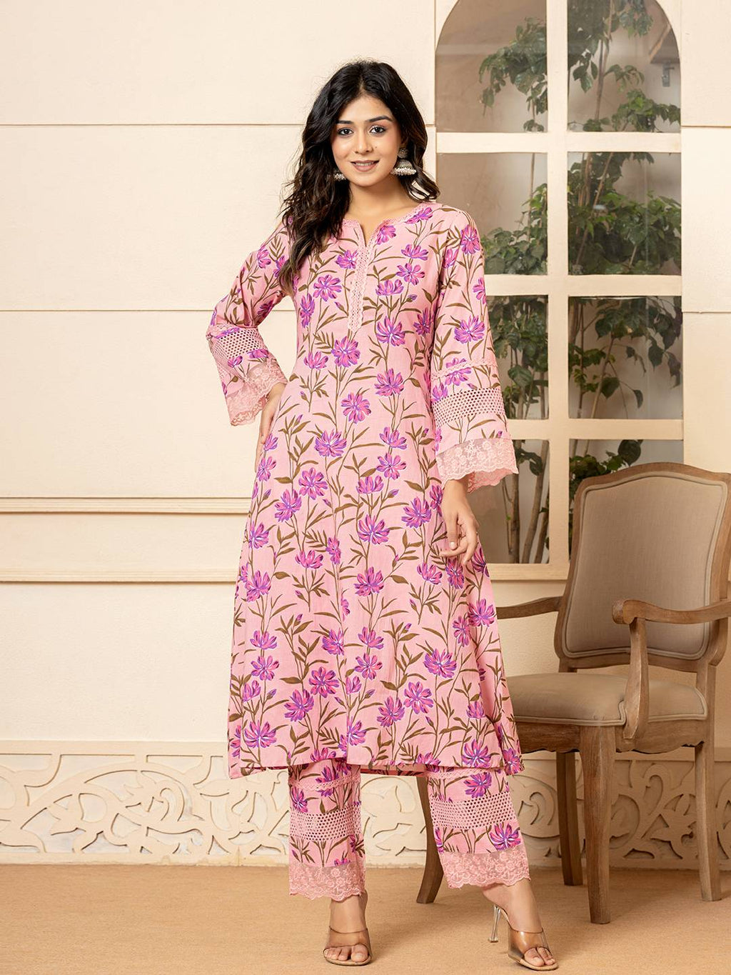 Yufta Pink Cotton Straight Pakistani Style Kurta Set | Grocsy