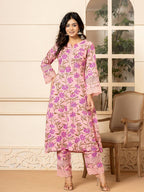 Yufta Pink Cotton Straight Pakistani Style Kurta Set | Grocsy