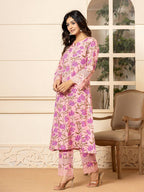 Yufta Pink Cotton Straight Pakistani Style Kurta Set | Grocsy