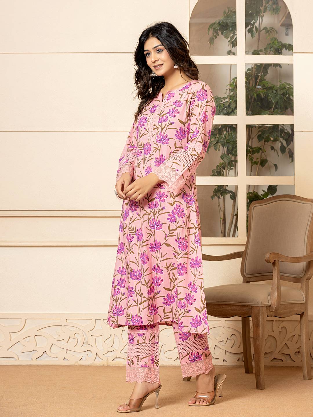 Yufta Pink Cotton Straight Pakistani Style Kurta Set | Grocsy