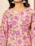 Yufta Pink Cotton Straight Pakistani Style Kurta Set | Grocsy