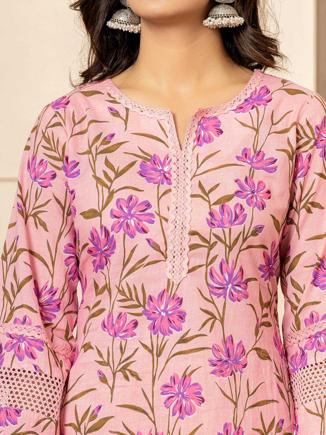 Yufta Pink Cotton Straight Pakistani Style Kurta Set | Grocsy