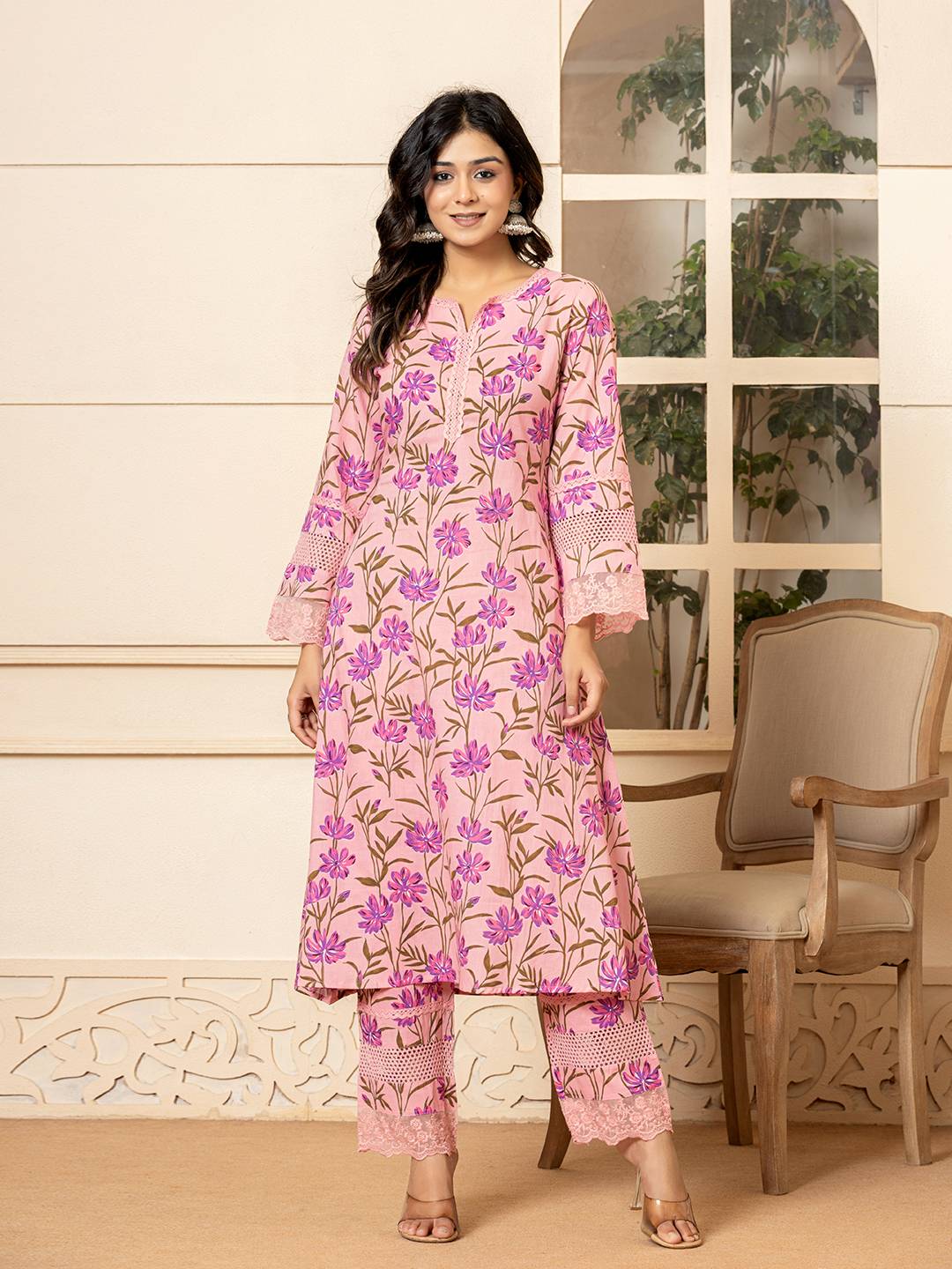 Yufta Pink Cotton Straight Pakistani Style Kurta Set | Grocsy