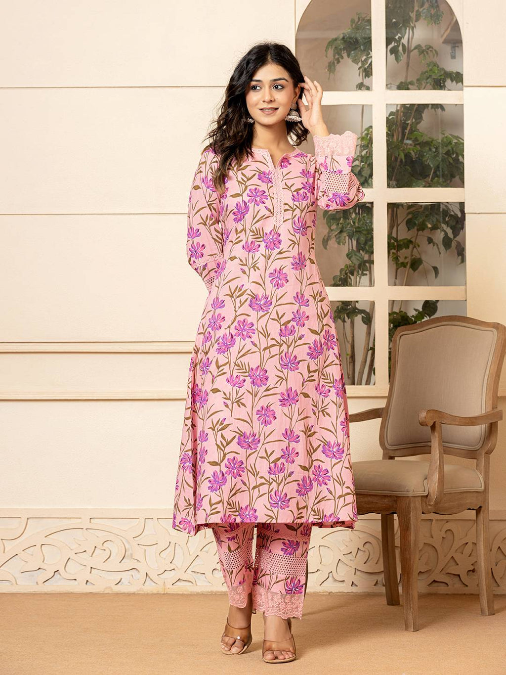 Yufta Pink Cotton Straight Pakistani Style Kurta Set | Grocsy