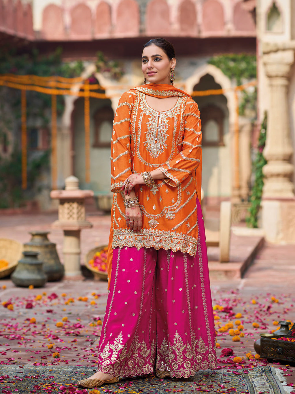 Evanik Orange and Magenta Chinon Silk with Embroidered and Sequence work Palazzo Suit | Grocsy