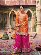 Evanik Orange and Magenta Chinon Silk with Embroidered and Sequence work Palazzo Suit | Grocsy