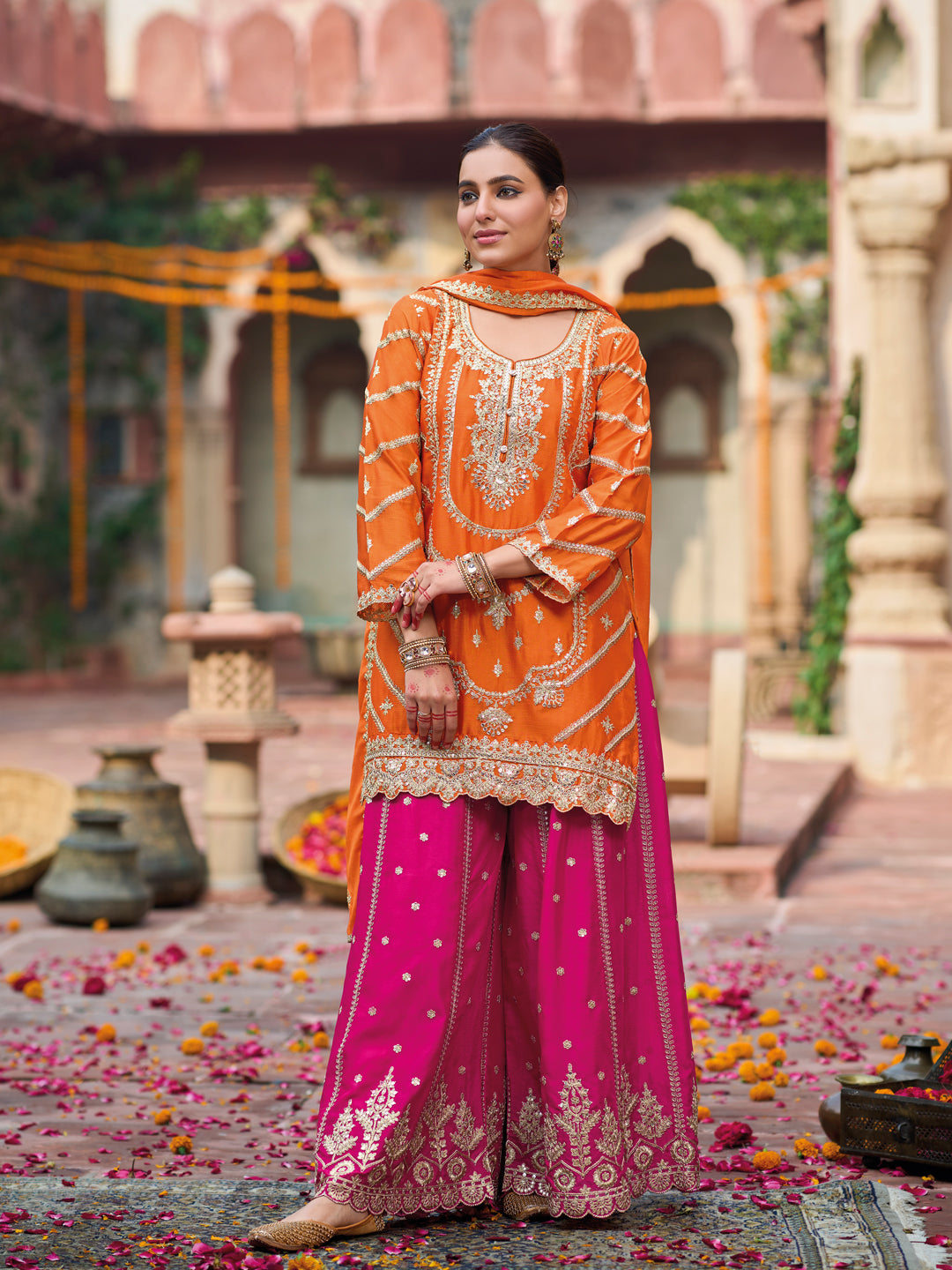 Evanik Orange and Magenta Chinon Silk with Embroidered and Sequence work Palazzo Suit | Grocsy