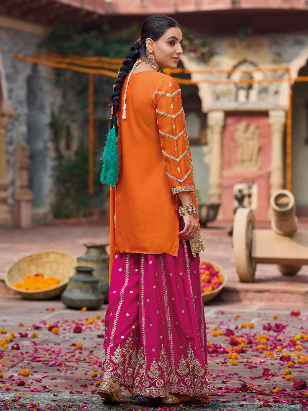 Evanik Orange and Magenta Chinon Silk with Embroidered and Sequence work Palazzo Suit | Grocsy