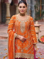 Evanik Orange and Magenta Chinon Silk with Embroidered and Sequence work Palazzo Suit | Grocsy