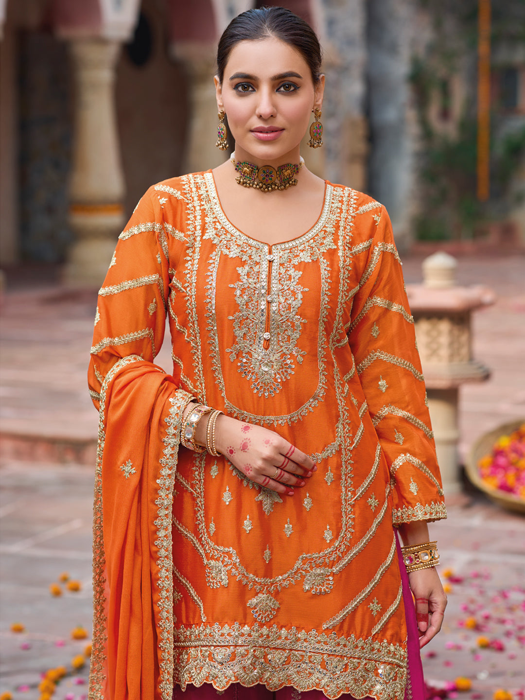 Evanik Orange and Magenta Chinon Silk with Embroidered and Sequence work Palazzo Suit | Grocsy