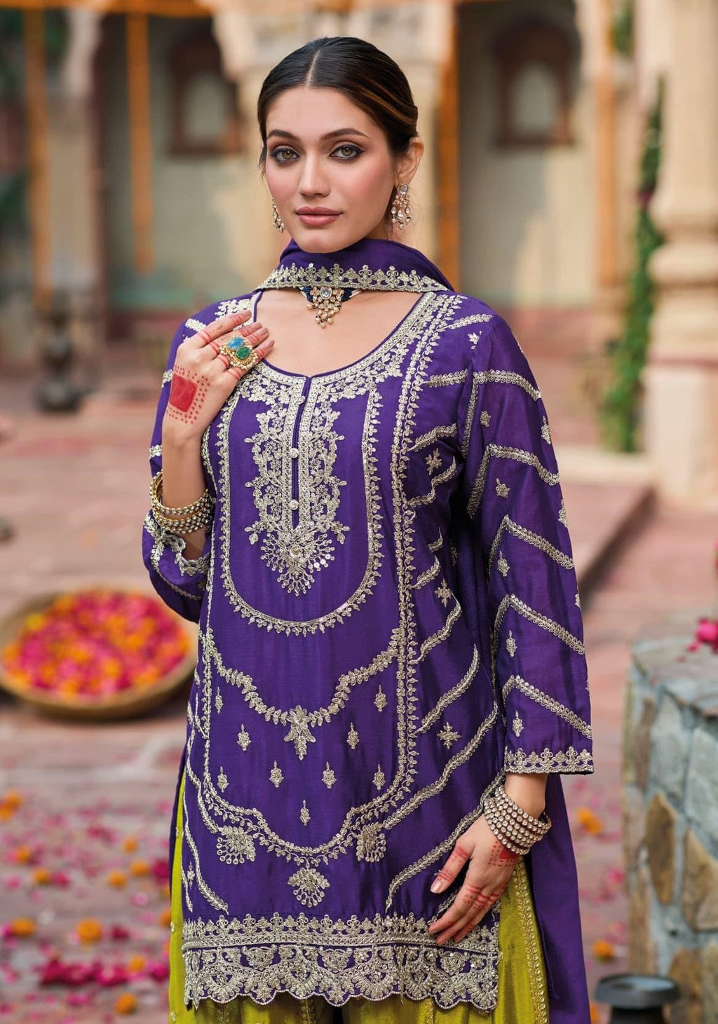 Anaita Purple Premium Embroidered Chinon Readymade Salwar Suit | Grocsy