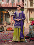 Evanik Purple and Parrot Green Chinon Silk with Embroidered and Sequence work Palazzo Suit | Grocsy