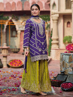 Evanik Purple and Parrot Green Chinon Silk with Embroidered and Sequence work Palazzo Suit | Grocsy