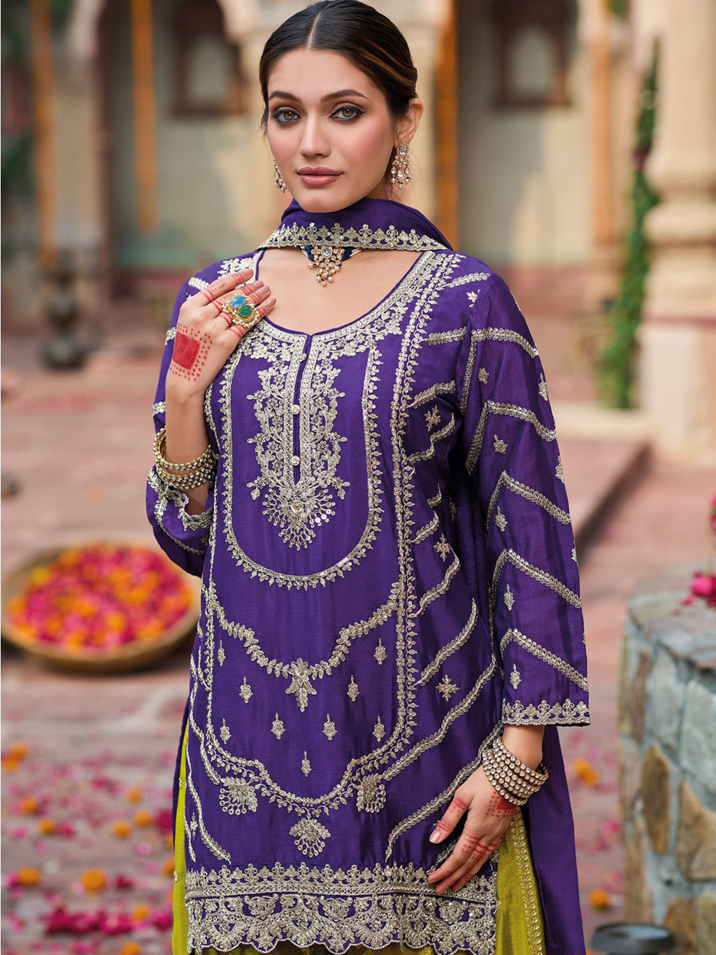 Evanik Purple and Parrot Green Chinon Silk with Embroidered and Sequence work Palazzo Suit | Grocsy