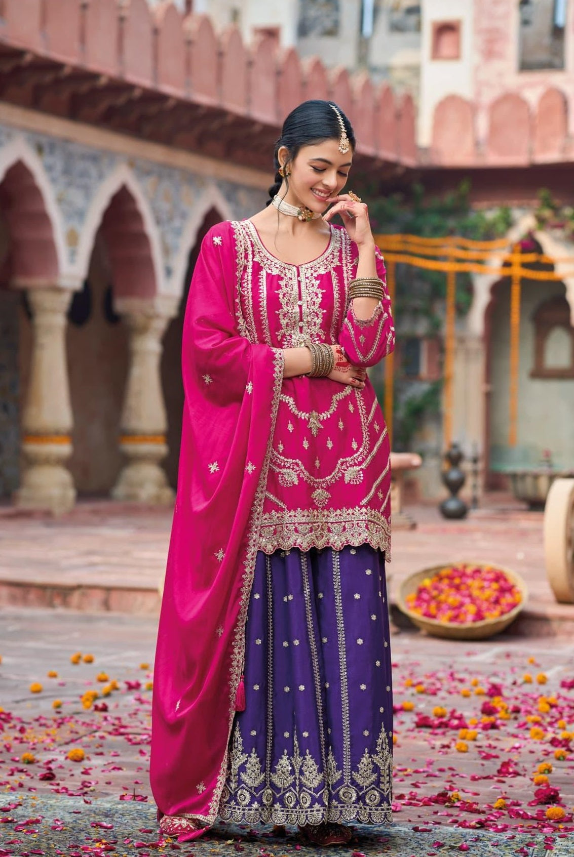 Anaita Rani Pink Premium Embroidered Chinon Readymade Salwar Suit | Grocsy