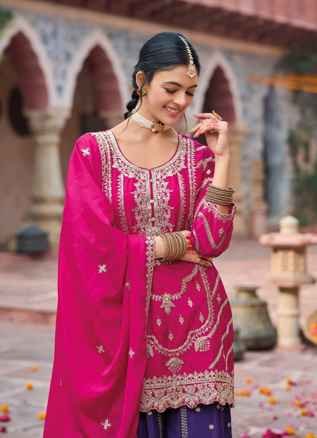 Anaita Rani Pink Premium Embroidered Chinon Readymade Salwar Suit | Grocsy