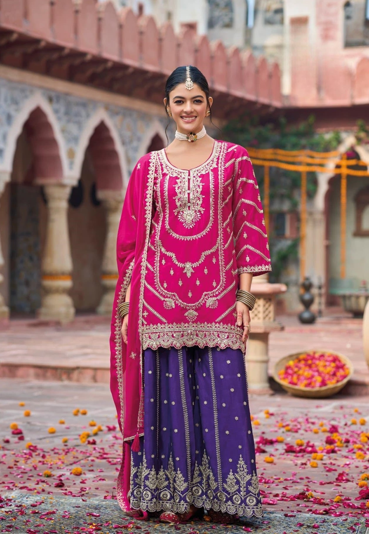 Anaita Rani Pink Premium Embroidered Chinon Readymade Salwar Suit | Grocsy