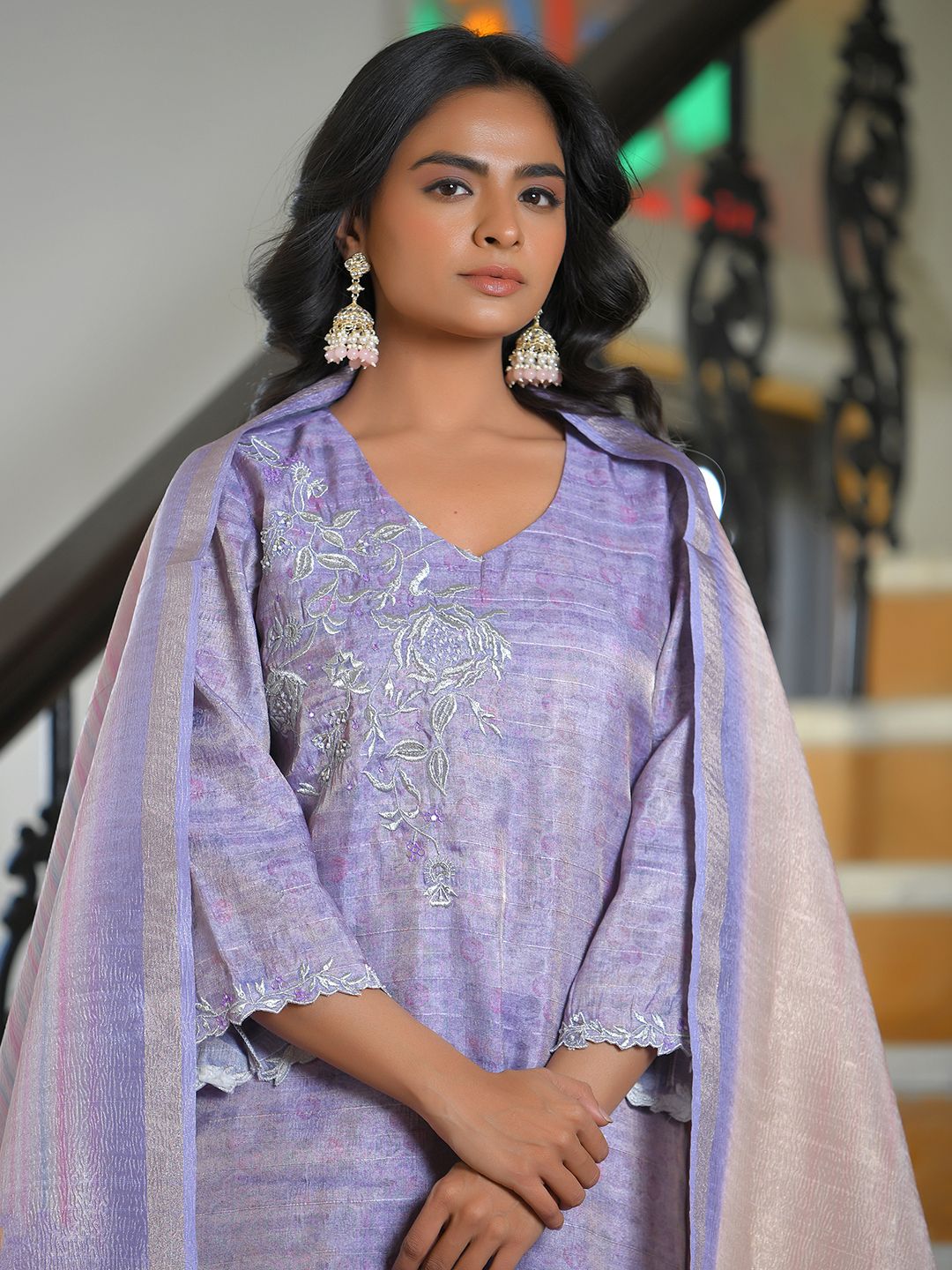 Vaasva Women's Lavender Tissue Shimmer Digital Printed Suit Set | Grocsy
