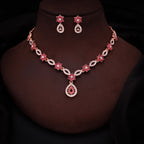 Tehzeeb Creations Elegant Rose Gold Polished American Diamond (Ad) Studded Necklace And Earring Set For Women | Grocsy