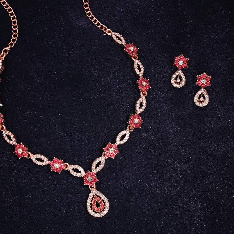 Tehzeeb Creations Elegant Rose Gold Polished American Diamond (Ad) Studded Necklace And Earring Set For Women | Grocsy