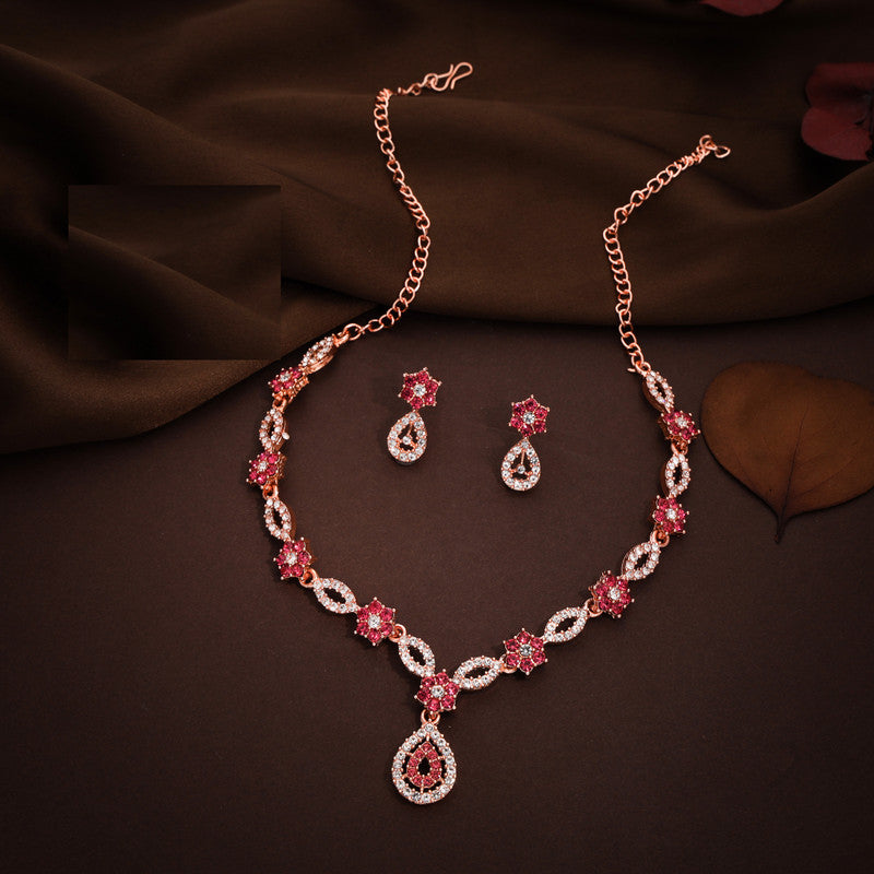 Tehzeeb Creations Elegant Rose Gold Polished American Diamond (Ad) Studded Necklace And Earring Set For Women | Grocsy