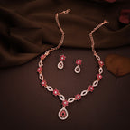 Tehzeeb Creations Elegant Rose Gold Polished American Diamond (Ad) Studded Necklace And Earring Set For Women | Grocsy
