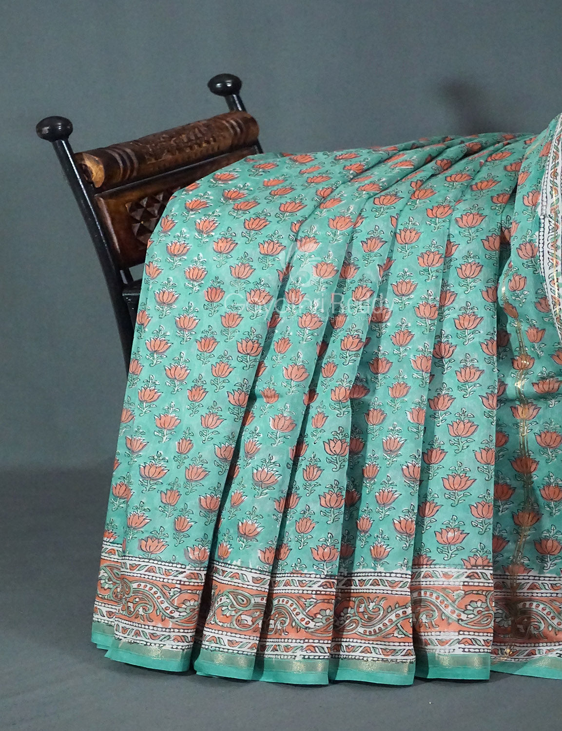 Dazzling Sea Green Colour With Lotus Buttes Pure Chanderi Sico Saree By Gayathri Reddy Designer Studio | Grocsy