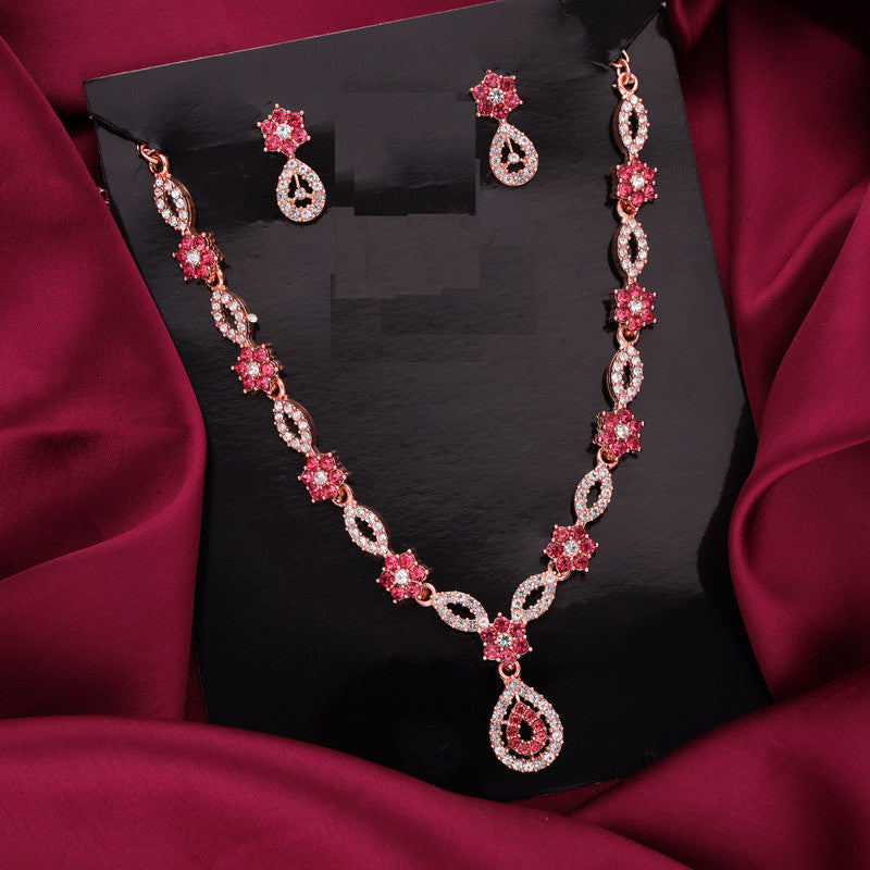 Tehzeeb Creations Elegant Rose Gold Polished American Diamond (Ad) Studded Necklace And Earring Set For Women | Grocsy