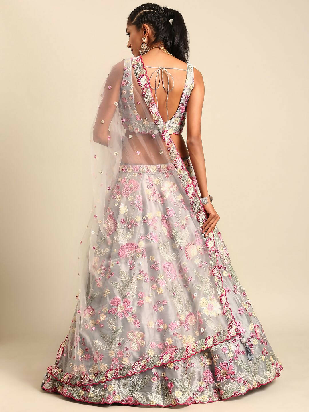 House of Panchhi Grey Organza Sequins and Zarkan embroidery Lehenga choli & Dupatta | Grocsy