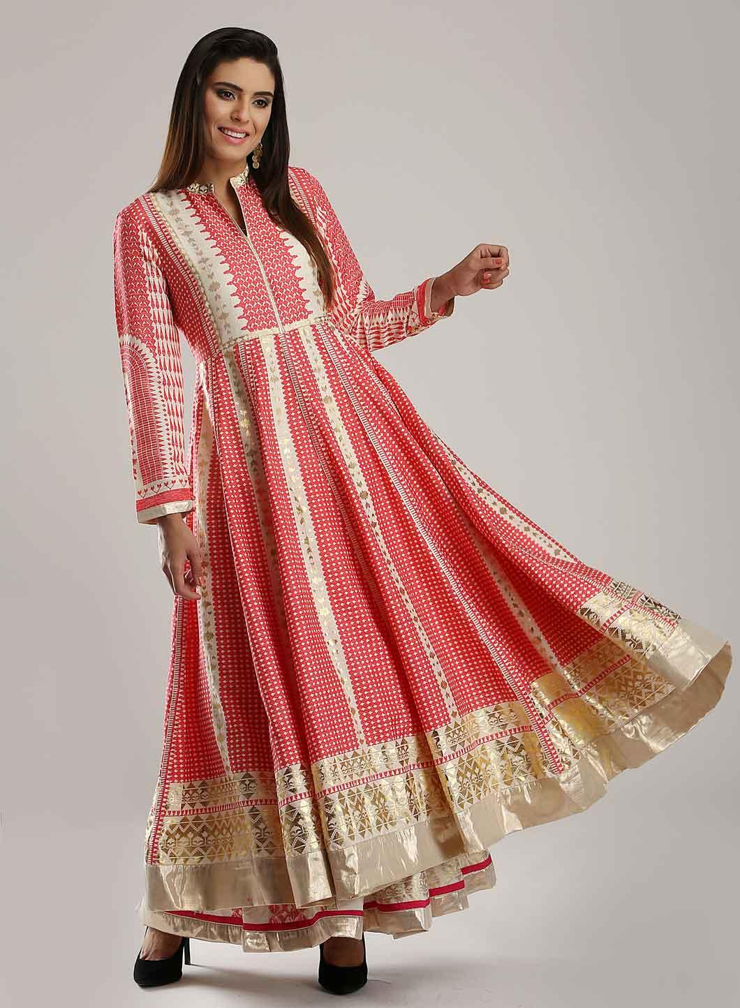 W for Woman White & Pink Printed Mughal Gown | Grocsy
