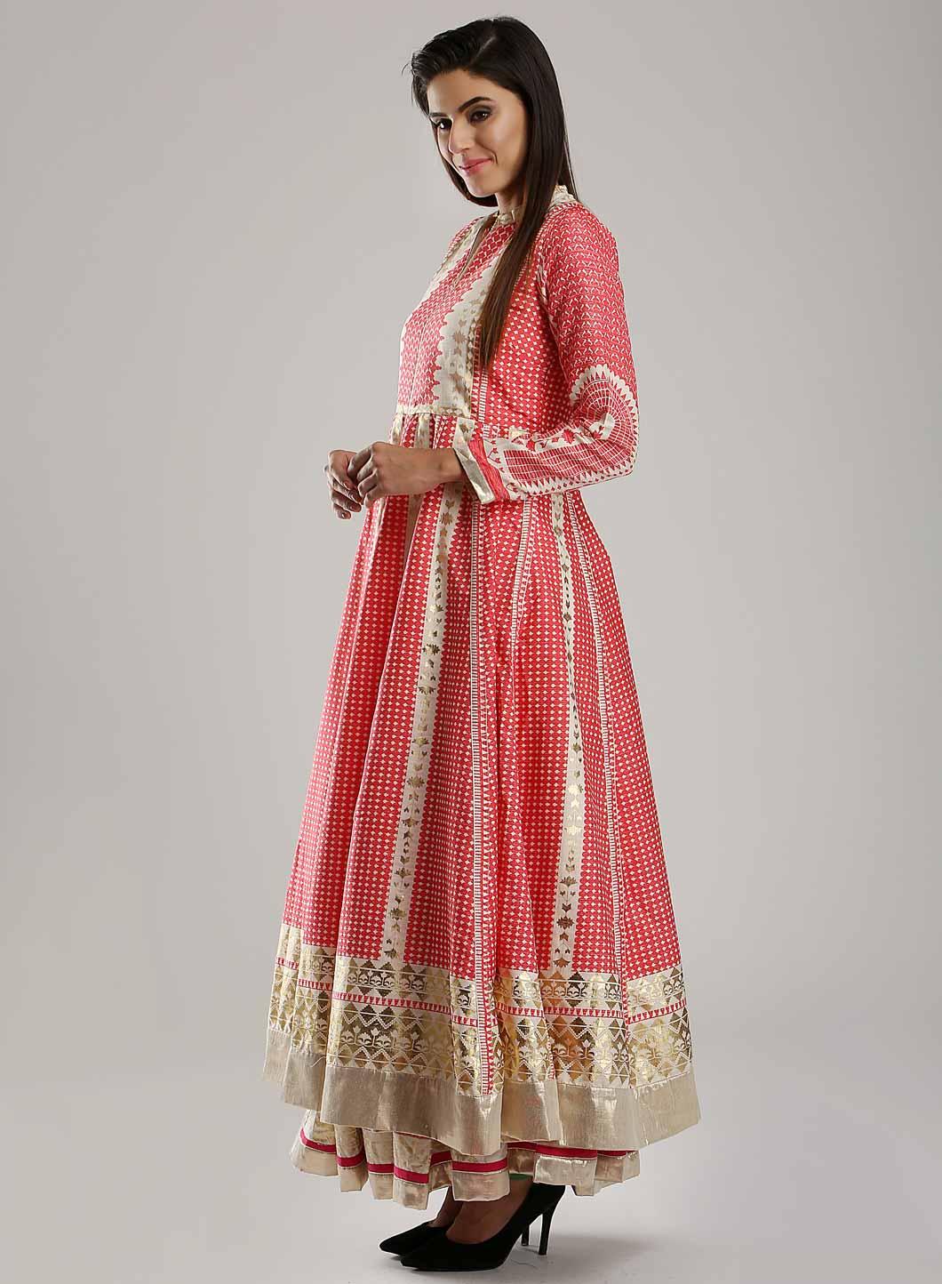 W for Woman White & Pink Printed Mughal Gown | Grocsy