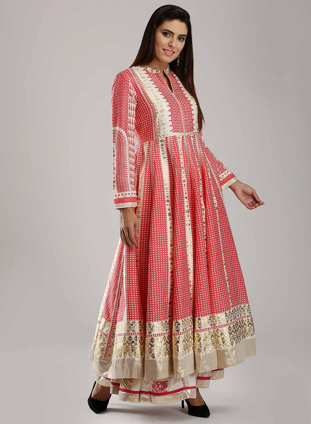 W for Woman White & Pink Printed Mughal Gown | Grocsy