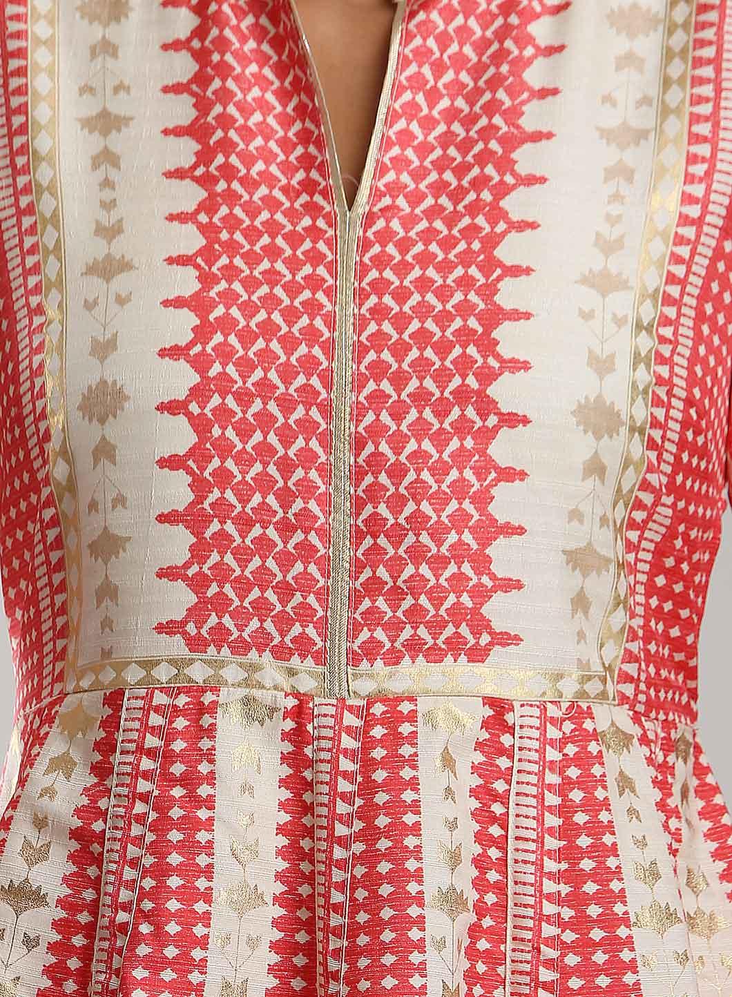W for Woman White & Pink Printed Mughal Gown | Grocsy