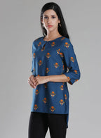 W for Woman Navy Round Neck Printed Top | Grocsy