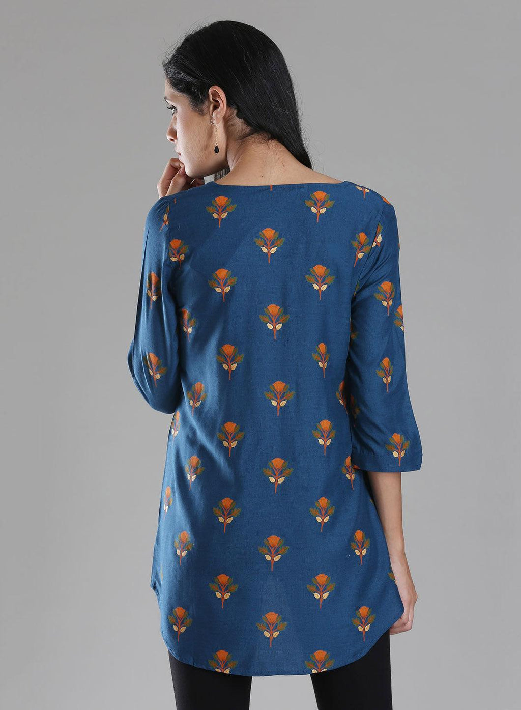 W for Woman Navy Round Neck Printed Top | Grocsy
