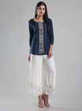 W for Woman Navy Printed Round Neck 3/4 Sleeve Top | Grocsy