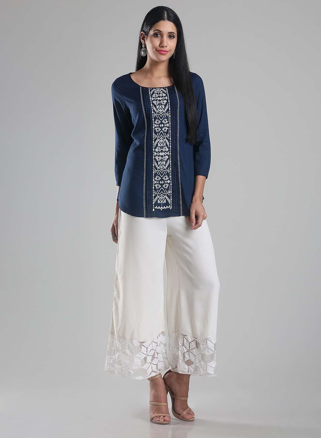 W for Woman Navy Printed Round Neck 3/4 Sleeve Top | Grocsy