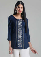 W for Woman Navy Printed Round Neck 3/4 Sleeve Top | Grocsy