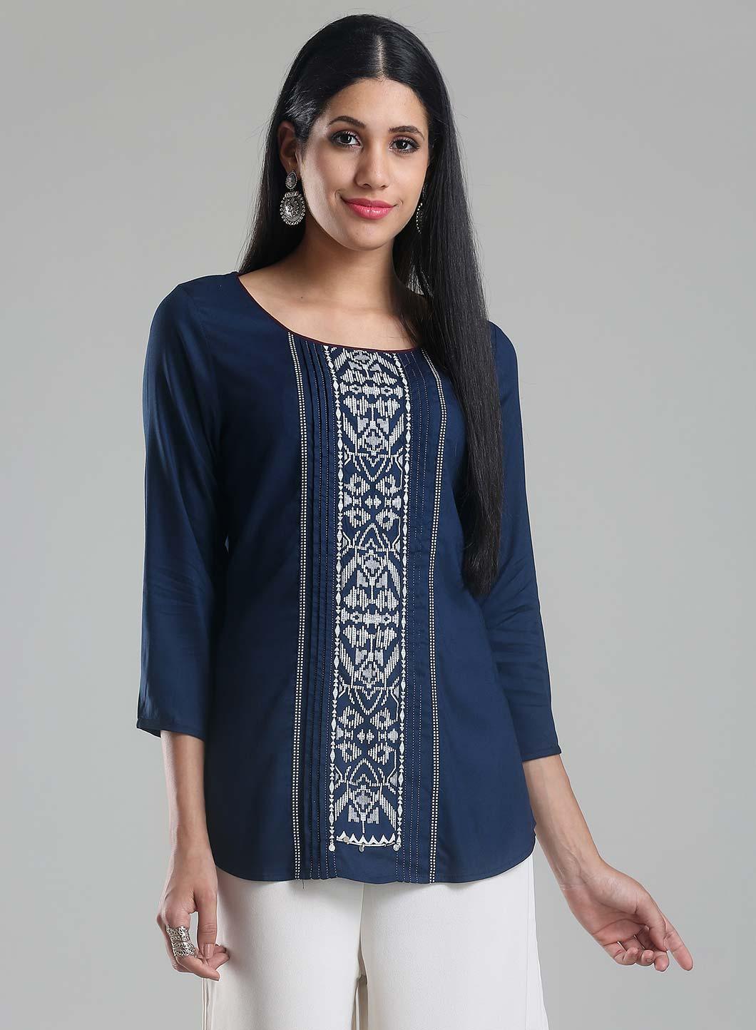 W for Woman Navy Printed Round Neck 3/4 Sleeve Top | Grocsy