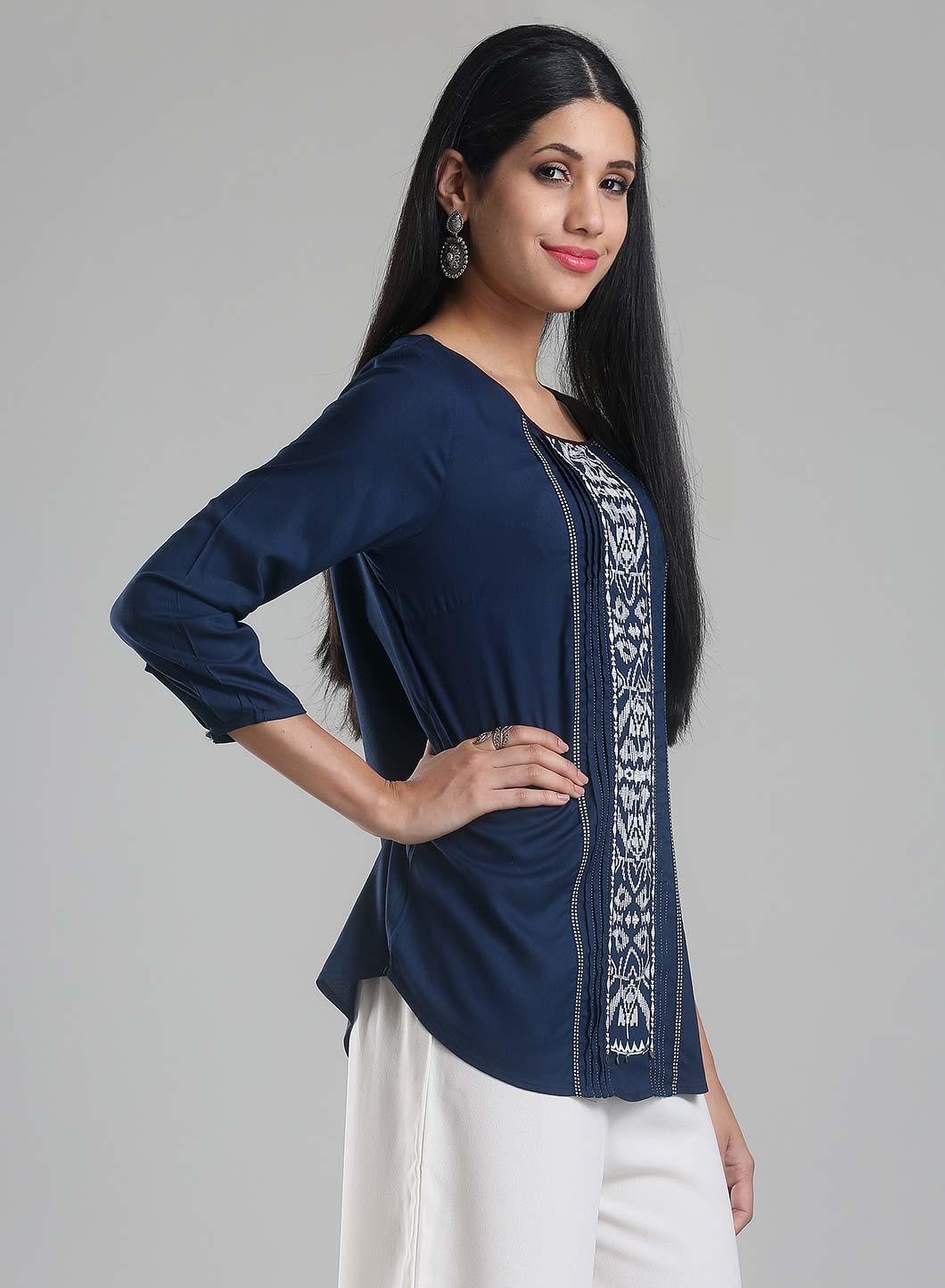 W for Woman Navy Printed Round Neck 3/4 Sleeve Top | Grocsy