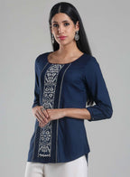 W for Woman Navy Printed Round Neck 3/4 Sleeve Top | Grocsy