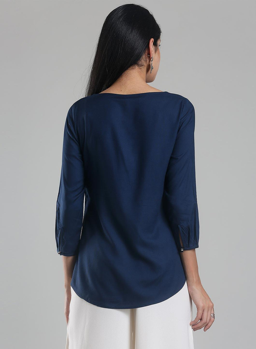 W for Woman Navy Printed Round Neck 3/4 Sleeve Top | Grocsy