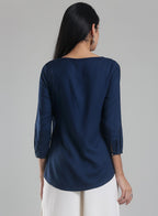 W for Woman Navy Printed Round Neck 3/4 Sleeve Top | Grocsy