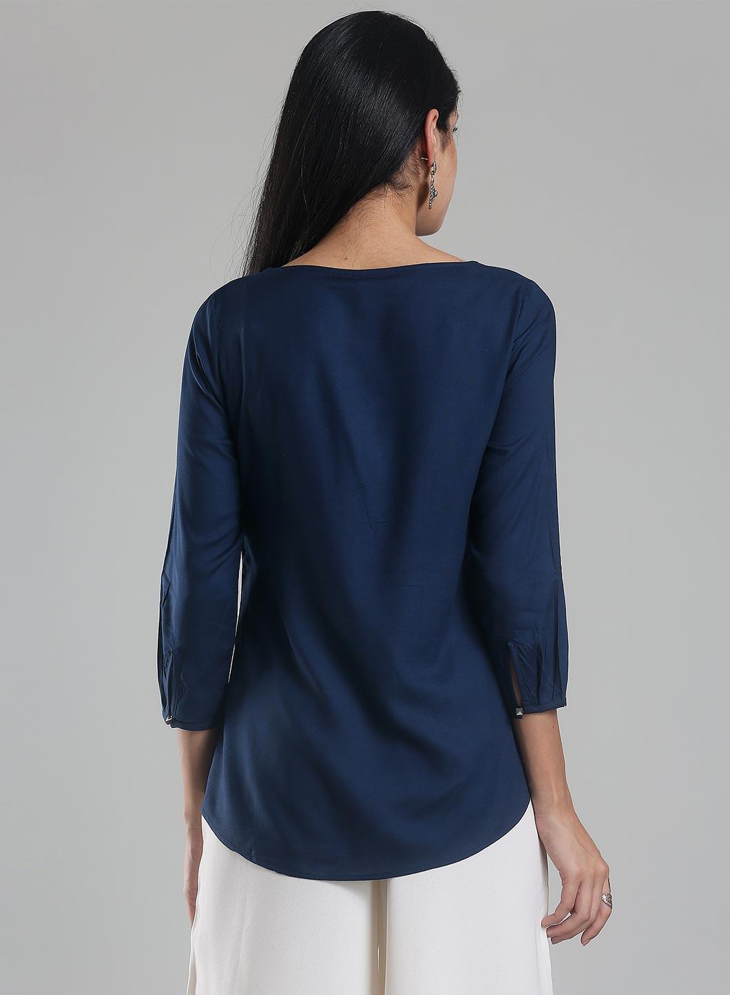 W for Woman Navy Printed Round Neck 3/4 Sleeve Top | Grocsy