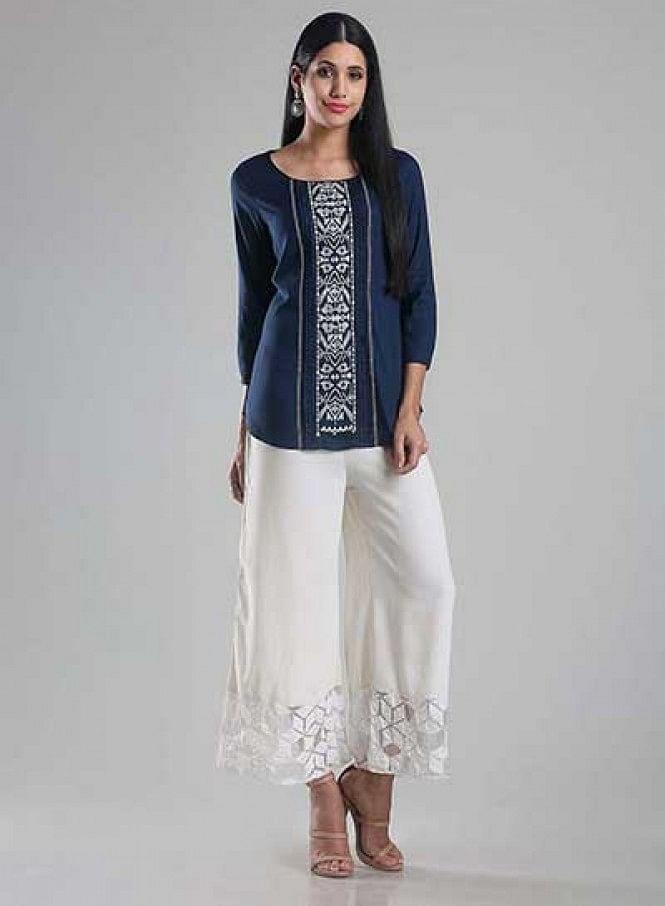 W for Woman Navy Printed Round Neck 3/4 Sleeve Top | Grocsy