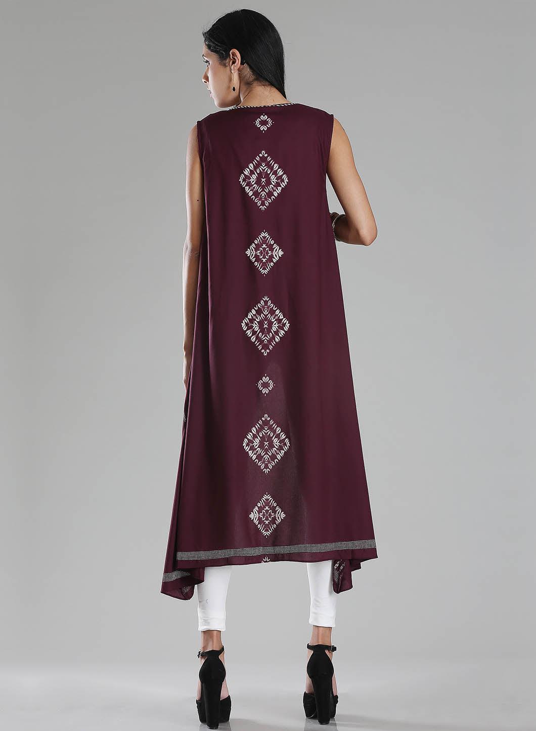 W for Woman Purple Printed Front Open Gillet | Grocsy
