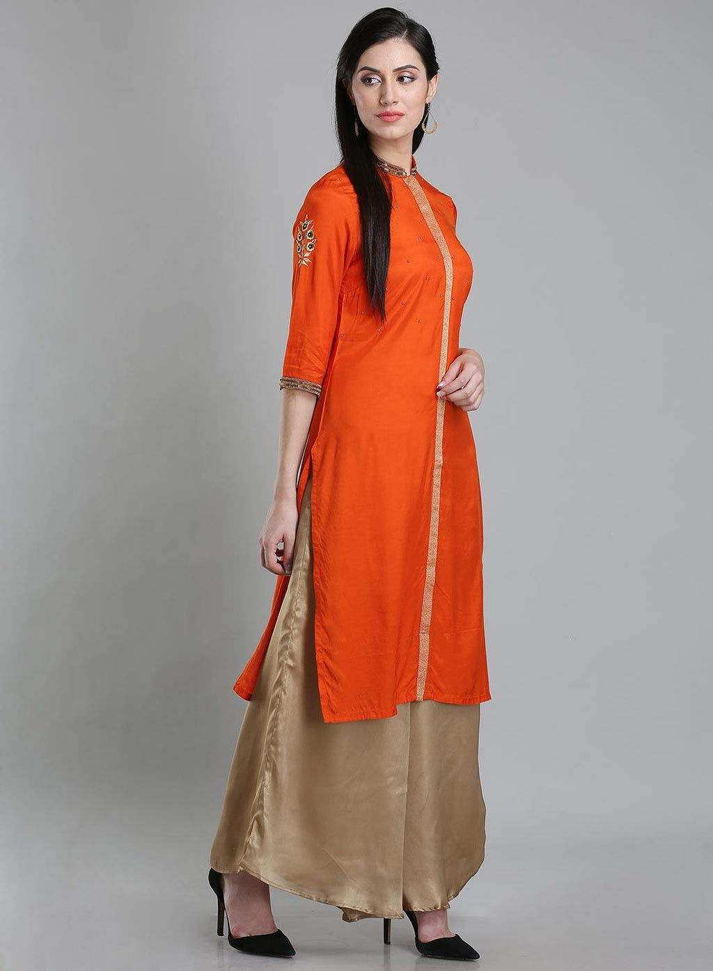 W for Woman Orange Solid Mandarin Neck kurta | Grocsy