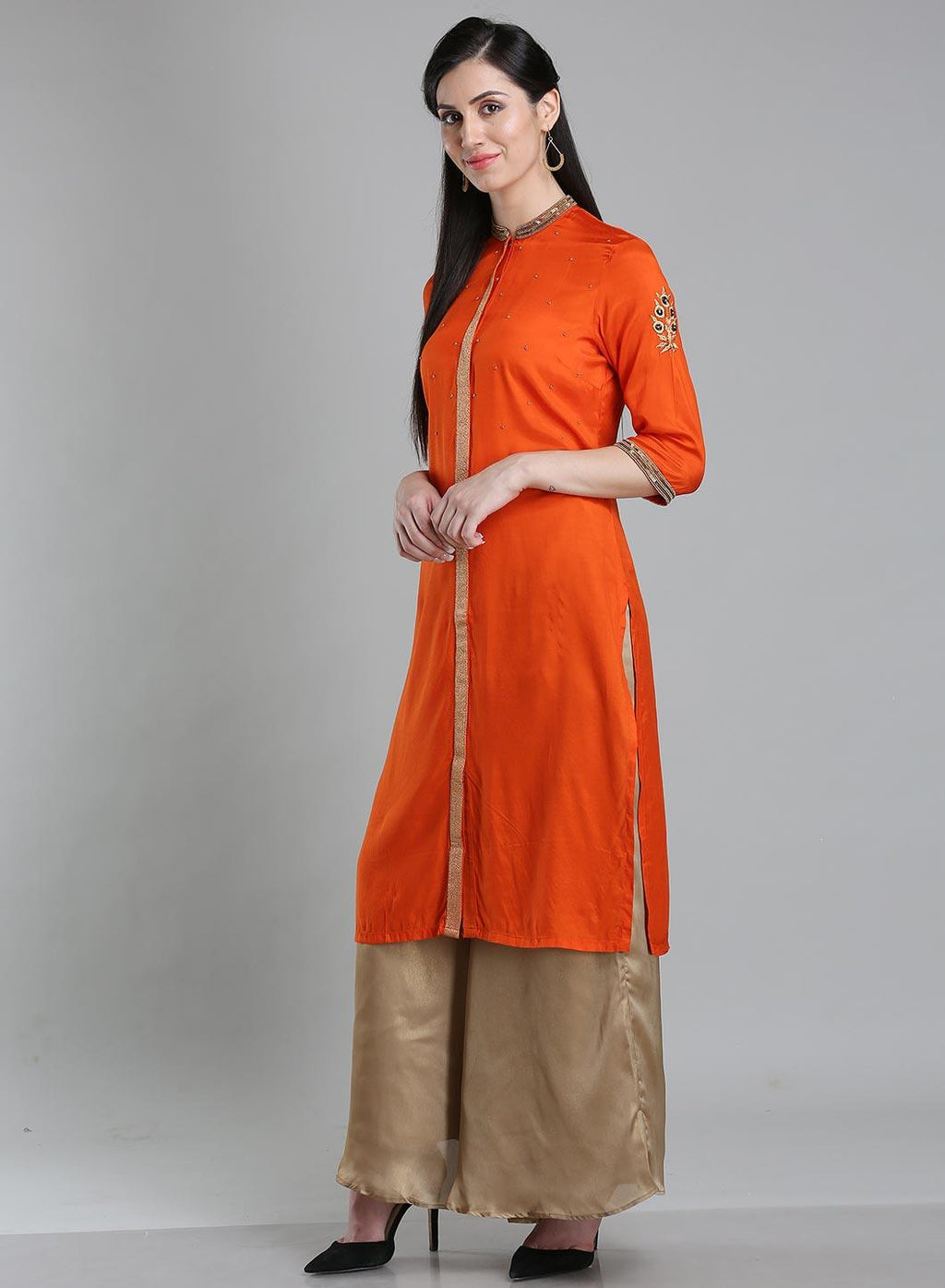 W for Woman Orange Solid Mandarin Neck kurta | Grocsy